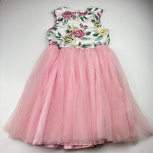 Load image into Gallery viewer, Girls Origami, cotton lined tulle &amp; floral party dress, light marks on bodice, FUC, size 6, L: 61cm