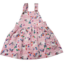 Load image into Gallery viewer, Girls Anko, stretch cotton overalls dress, unicorns, EUC, size 6, L: 54cm