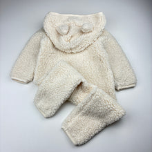 Load image into Gallery viewer, Unisex Target, cream fleece zip hooded winter romper, EUC, size 1,  