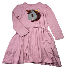 Load image into Gallery viewer, Girls Milkshake, stretchy knit long sleeve dress, sequin unicorn, GUC, size 6, L: 59cm
