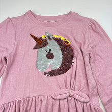 Load image into Gallery viewer, Girls Milkshake, stretchy knit long sleeve dress, sequin unicorn, GUC, size 6, L: 59cm