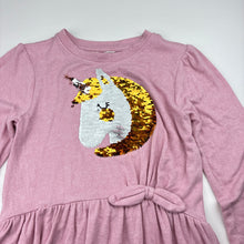 Load image into Gallery viewer, Girls Milkshake, stretchy knit long sleeve dress, sequin unicorn, GUC, size 6, L: 59cm