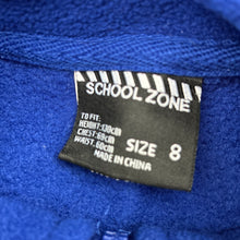 Load image into Gallery viewer, Unisex SCHOOL ZONE, blue fleece zip up sweater / jacket, GUC, size 8,  
