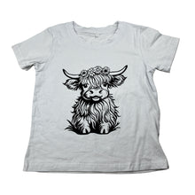 Load image into Gallery viewer, Girls white, stretchy tee / top, highland cow, GUC, size 5-6,  