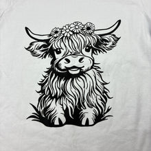 Load image into Gallery viewer, Girls white, stretchy tee / top, highland cow, GUC, size 5-6,  