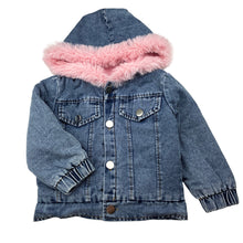 Load image into Gallery viewer, Girls fleece lined, hooded denim jacket, EUC, size 2,  