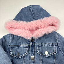 Load image into Gallery viewer, Girls fleece lined, hooded denim jacket, EUC, size 2,  