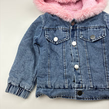 Load image into Gallery viewer, Girls fleece lined, hooded denim jacket, EUC, size 2,  
