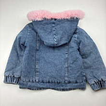 Load image into Gallery viewer, Girls fleece lined, hooded denim jacket, EUC, size 2,  