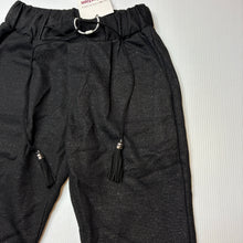Load image into Gallery viewer, Girls Piazza Italia, black &amp; silver soft stretchy pants, elasticated, Inside leg: 41cm, NEW, size 5-6,  