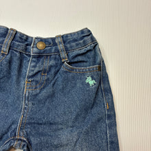 Load image into Gallery viewer, Unisex Poney, blue denim jeans, adjustable, GUC, size 0,  