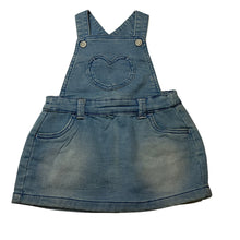 Load image into Gallery viewer, Girls Anko Baby, stretchy soft knit denim overalls dress, GUC, size 0, L: 42cm