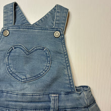 Load image into Gallery viewer, Girls Anko Baby, stretchy soft knit denim overalls dress, GUC, size 0, L: 42cm