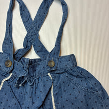 Load image into Gallery viewer, Girls Dymples, chambray cotton suspender shorts,elasticated, GUC, size 00,  