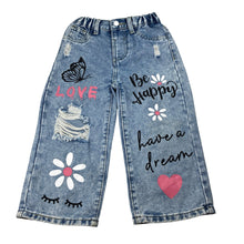 Load image into Gallery viewer, Girls blue, distressed denim jeans, elasticated, Inside leg: 33cm, FUC, size 4,  