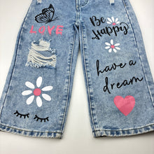 Load image into Gallery viewer, Girls blue, distressed denim jeans, elasticated, Inside leg: 33cm, FUC, size 4,  