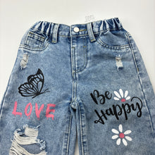 Load image into Gallery viewer, Girls blue, distressed denim jeans, elasticated, Inside leg: 33cm, FUC, size 4,  
