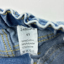 Load image into Gallery viewer, Girls blue, distressed denim jeans, elasticated, Inside leg: 33cm, FUC, size 4,  