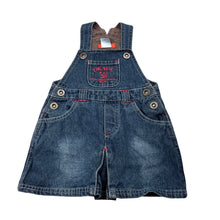 Load image into Gallery viewer, Girls Okaou, dark denim overalls dress / pinafore, GUC, size 0, L: 42cm