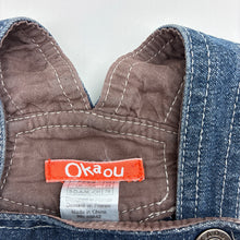 Load image into Gallery viewer, Girls Okaou, dark denim overalls dress / pinafore, GUC, size 0, L: 42cm