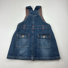 Load image into Gallery viewer, Girls Okaou, dark denim overalls dress / pinafore, GUC, size 0, L: 42cm