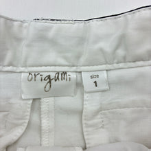 Load image into Gallery viewer, Girls Origami, white stretch cotton shorts, adjustable, light mark on front, FUC, size 1,  