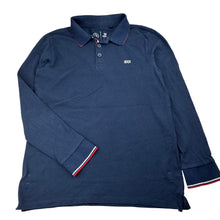 Load image into Gallery viewer, Boys Bauhaus, navy cotton long sleeve polo top, discolouration back collar, FUC, size 12,  