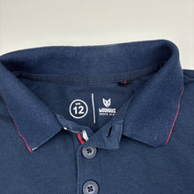 Load image into Gallery viewer, Boys Bauhaus, navy cotton long sleeve polo top, discolouration back collar, FUC, size 12,  