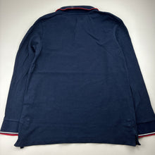Load image into Gallery viewer, Boys Bauhaus, navy cotton long sleeve polo top, discolouration back collar, FUC, size 12,  