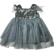 Load image into Gallery viewer, Girls grey, tulle sequin &amp; feather party dress, GUC, size 0-1, L: 44cm
