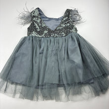 Load image into Gallery viewer, Girls grey, tulle sequin &amp; feather party dress, GUC, size 0-1, L: 44cm