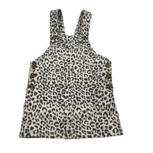 Load image into Gallery viewer, Girls Cotton On, leopard print stretch denim overalls dress / pinafore, GUC, size 3, L: 51cm