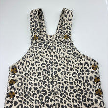 Load image into Gallery viewer, Girls Cotton On, leopard print stretch denim overalls dress / pinafore, GUC, size 3, L: 51cm