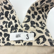 Load image into Gallery viewer, Girls Cotton On, leopard print stretch denim overalls dress / pinafore, GUC, size 3, L: 51cm