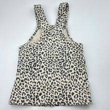 Load image into Gallery viewer, Girls Cotton On, leopard print stretch denim overalls dress / pinafore, GUC, size 3, L: 51cm