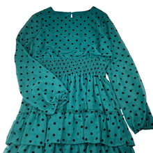 Load image into Gallery viewer, Girls Origami, lined green &amp; black spot party / formal dress, EUC, size 14, L: 76cm