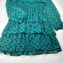 Load image into Gallery viewer, Girls Origami, lined green &amp; black spot party / formal dress, EUC, size 14, L: 76cm