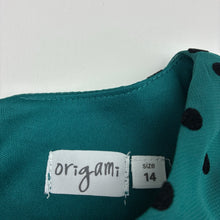 Load image into Gallery viewer, Girls Origami, lined green &amp; black spot party / formal dress, EUC, size 14, L: 76cm