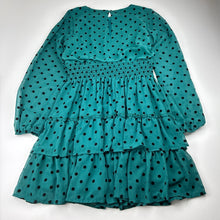 Load image into Gallery viewer, Girls Origami, lined green &amp; black spot party / formal dress, EUC, size 14, L: 76cm