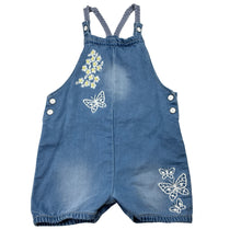 Load image into Gallery viewer, Girls Nutmeg, embroidered knit denim overalls / shortalls, GUC, size 0,  
