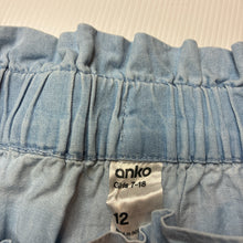 Load image into Gallery viewer, Girls Anko, chambray cotton shorts, elasticated, GUC, size 12,  