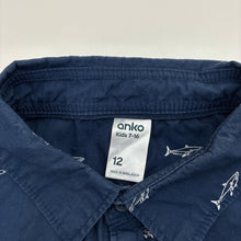 Load image into Gallery viewer, Boys Anko, navy short sleeve cotton shirt, sharks, GUC, size 12,  