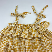 Load image into Gallery viewer, Girls Ma Mer, embroidered mustard gingham summer dress, EUC, size 2-3, L: 47cm