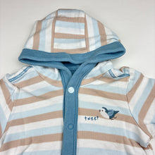 Load image into Gallery viewer, Boys M&amp;S, striped cotton hooded romper, bird, wash fade, FUC, size 000,  
