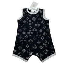 Load image into Gallery viewer, Unisex Dymples, black cotton romper, crosses, NEW, size 000,  