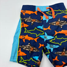 Load image into Gallery viewer, Boys lined, lightweight board shorts, elasticated, sharks, GUC, size 0,  