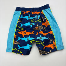 Load image into Gallery viewer, Boys lined, lightweight board shorts, elasticated, sharks, GUC, size 0,  