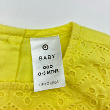 Load image into Gallery viewer, Girls Target, bright yellow cotton top,broderie trim, EUC, size 000,  