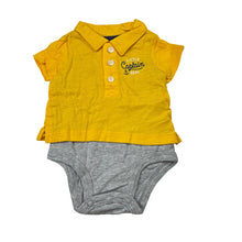 Load image into Gallery viewer, Boys Carters, yellow &amp; grey cotton polo romper, EUC, size 0000,  