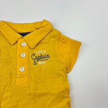 Load image into Gallery viewer, Boys Carters, yellow &amp; grey cotton polo romper, EUC, size 0000,  